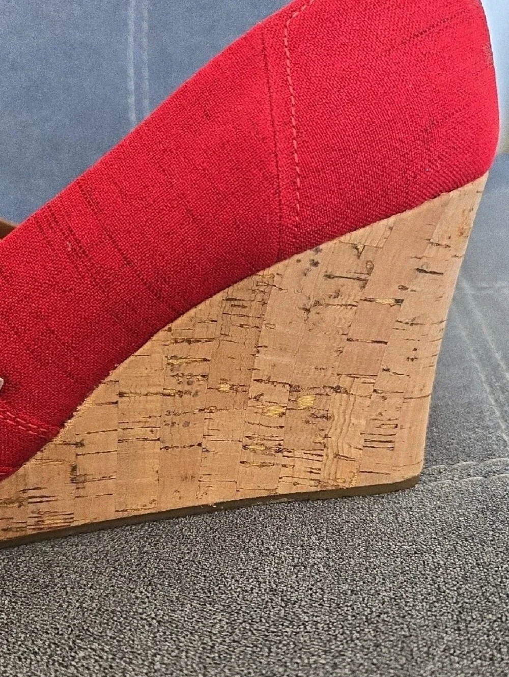 TOMS Red Peep-Toe Cork Wedge Espadrilles